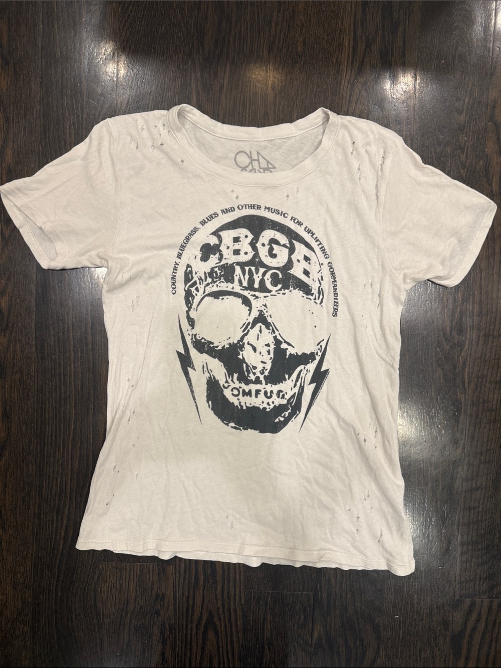 Chaser White Short-Sleeve Tee with CBGB NYC Black Skull Graphic